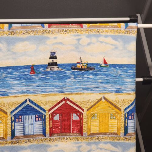 Blue Red and Yellow Linen Tablecloth Coastal Seaside Scene Ocean Beach Themed