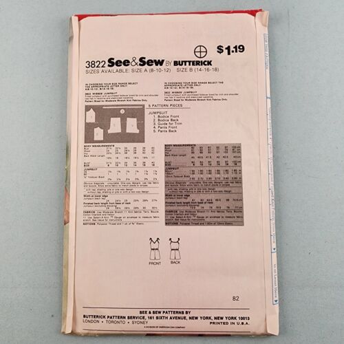 Butterick See & Sew 3822 Vintage Pattern 90's Misses Jumpsuit Size B 14-16-18
