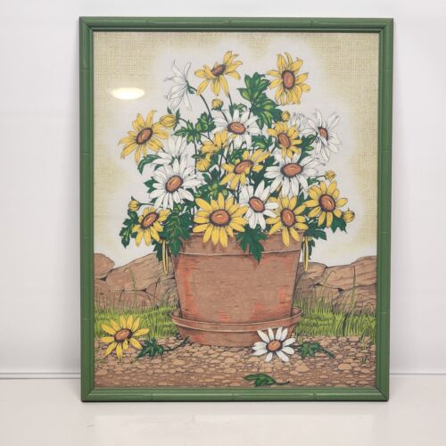 Art Print Daisy Flower Power Lime Green Peace Love Daisies 17" x 21" Framed Vtg