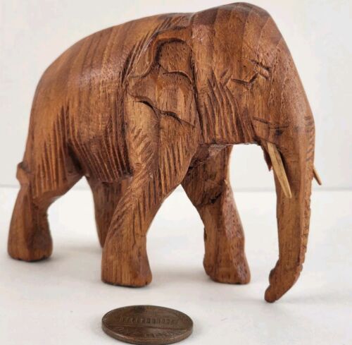 Small Wooden Elephant w Tusks Hand Carved 2.5 Inches Nice Features Mostly Smooth