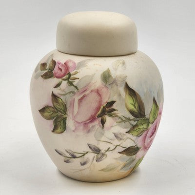 Bisque Porcelain Ginger Jar Pink Green Floral 5.75"x5" Hand Painted