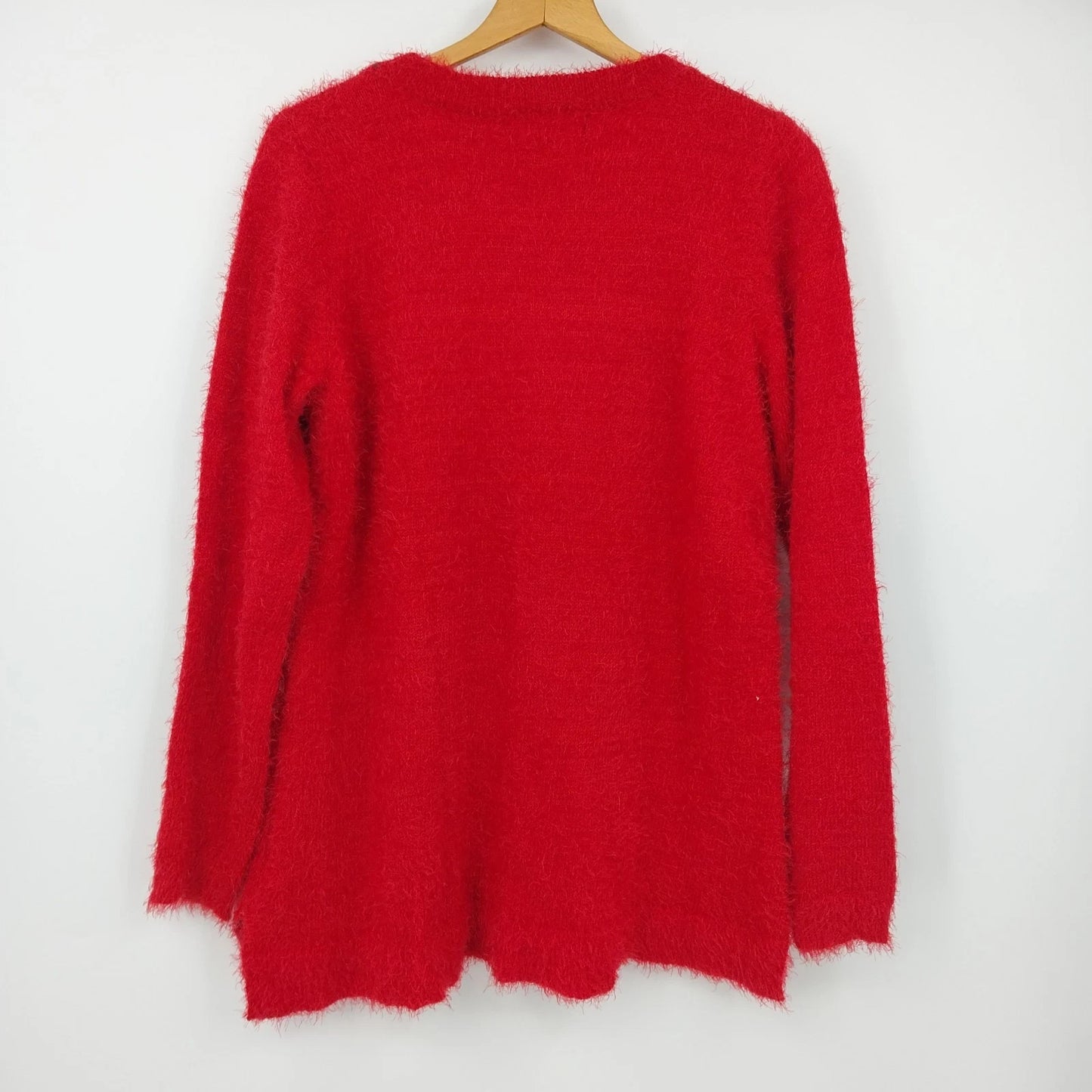 French Laundry Christmas Sweater Large Red Silver Fuzzy Deer Snowflake Slits Vtg