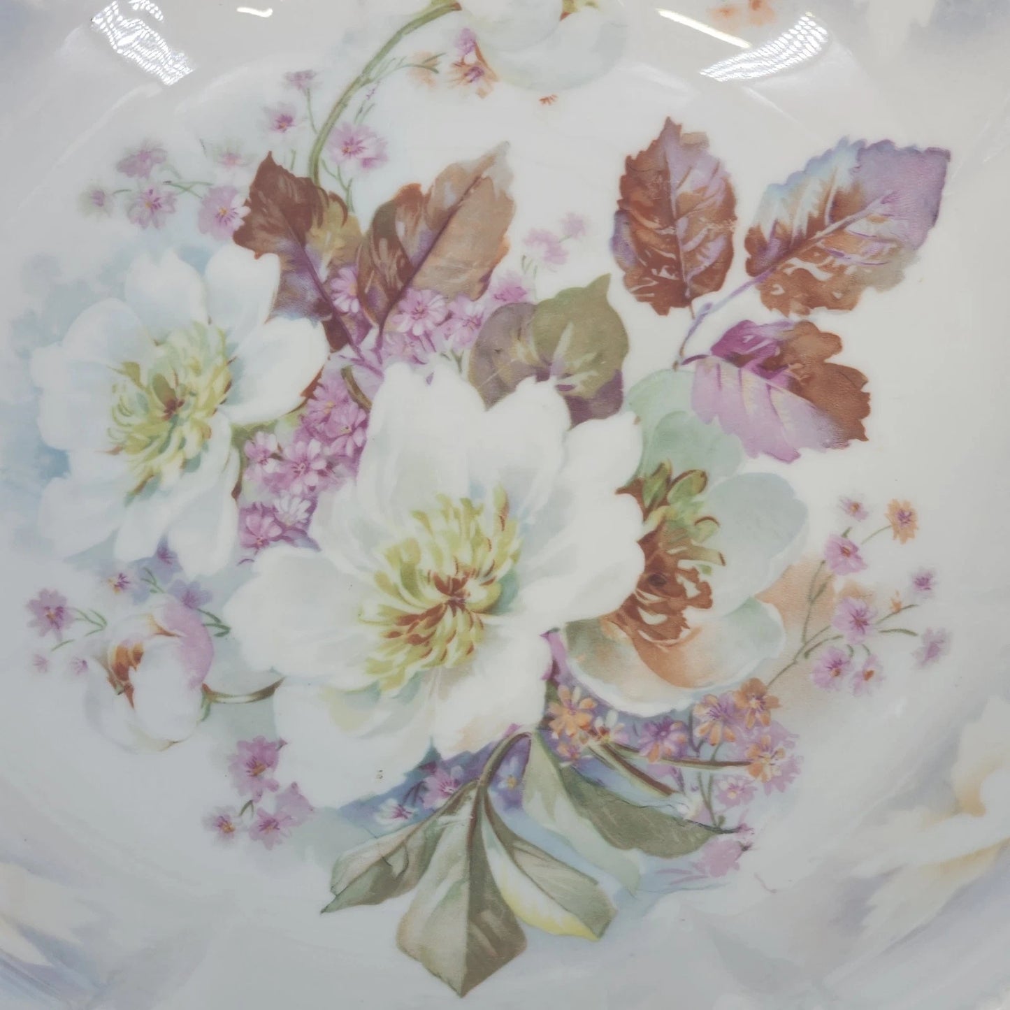 German Transferware Serving Bowl Roses Floral Scalloped Beaded Rim 10.5" Antique