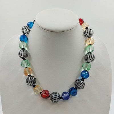 Multicolor Large Glass Beaded Necklace Clear Chunky Beads 9.5" Toggle Clasp