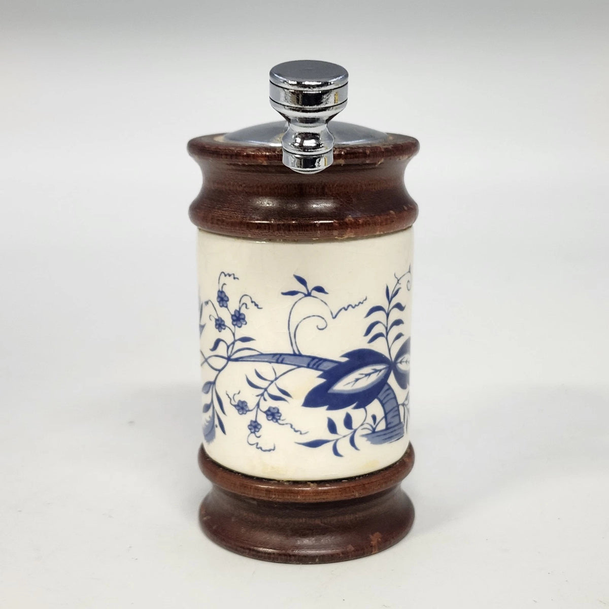 Leeds Engineering Pepper Mill Grinder Blue White Floral Wood Hand Crank 4"