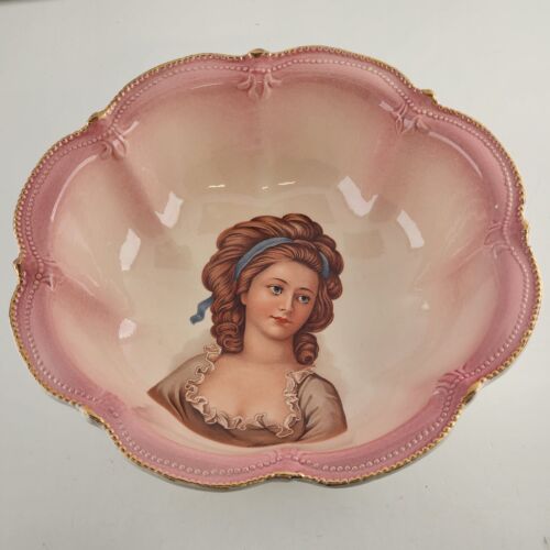 RS Prussia Large Serving Bowl Pink Countess Potocka Image Gold Beaded Lip Crazed