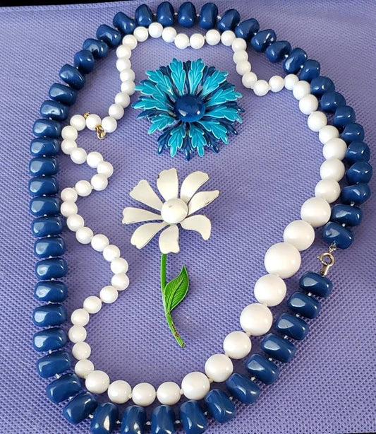 2 Vintage Beaded Necklaces and 2 Flower brooches, Blue & White, Metal Enamel Pin