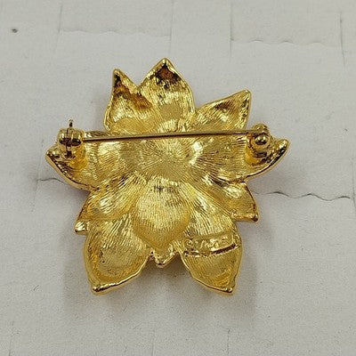 Monet Christmas Red Poinsettia Flower Gold Tone Enamel Rhinestones Brooch Pin