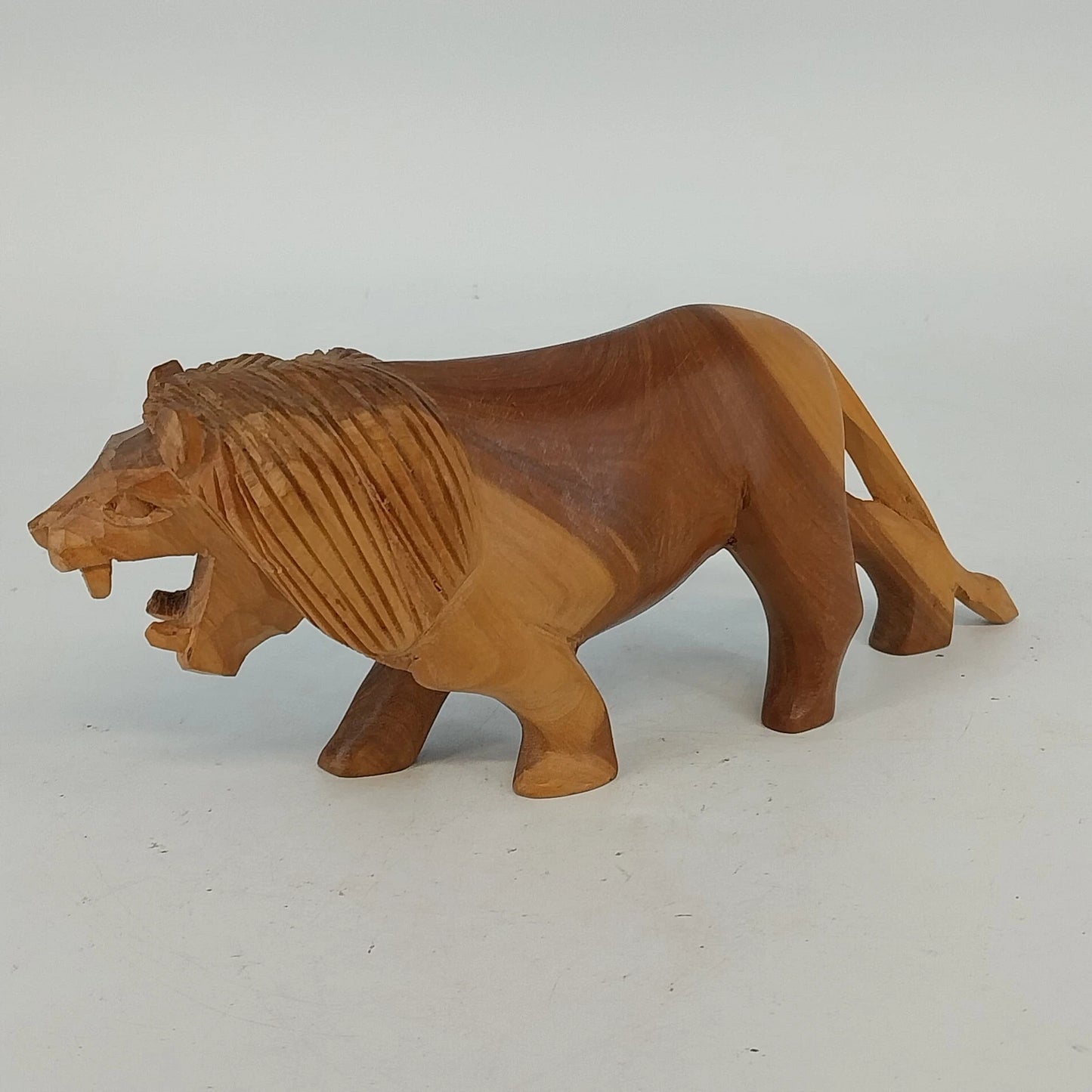 Hand Carved Wood Lion Sculpture Roaring African Folk Art Figure 9" Vintage