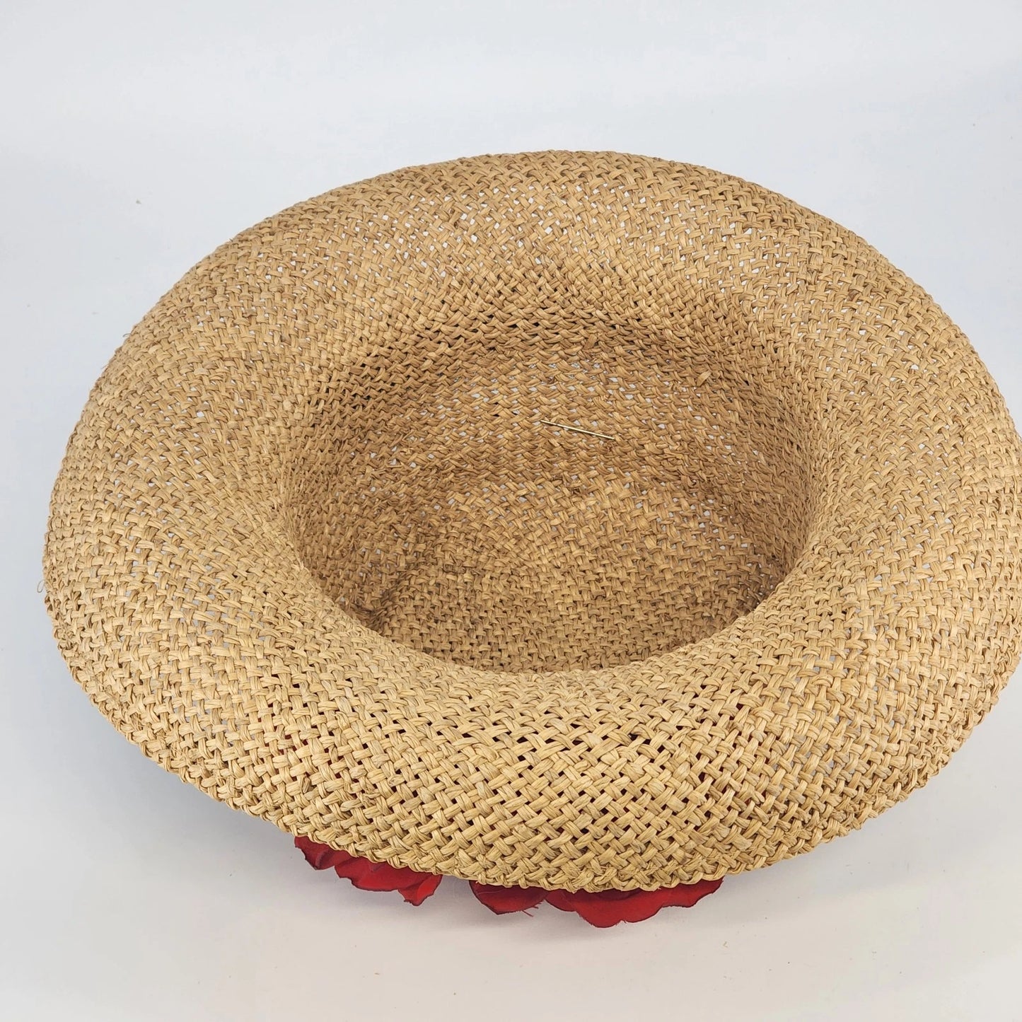 Eric Javits Luxury Squishee Sun Hat Beige Packable Woven Rose Brim Hatpin Vtg