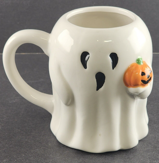 Ghost Mug 16 oz Holding a Jack-O-Lantern Halloween Scary Cup White 4.5" Tall