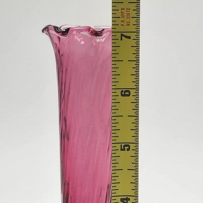 Pilgrim Cranberry Glass Bud Vase 7" Swirled Neck Ruffled Rim Hand Blown