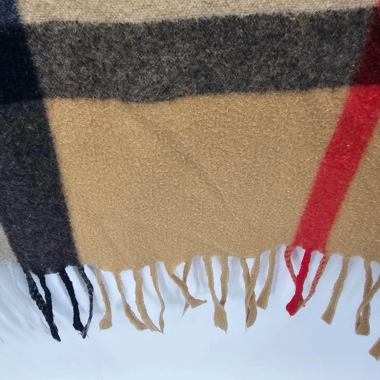 Oversized Blanket Scarf Tan Red Black Plaid Checked Shawl Wrap Fringe 27"x72"