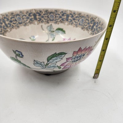 Macau Large Open Bowl 10"x4.5" Hand Painted Pink Blue Floral Design Vintage