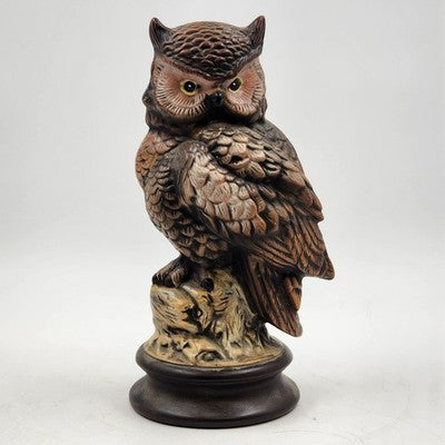 Bisque Owl Figurine on Tree Stand 12" Ceramic Hand Painted Byron Mold 1977 Vtg