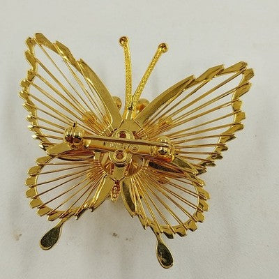 Monet Gold Tone Butterfly Filigree Wire Winged Brooch w Faux Pearl Pin Jewelry