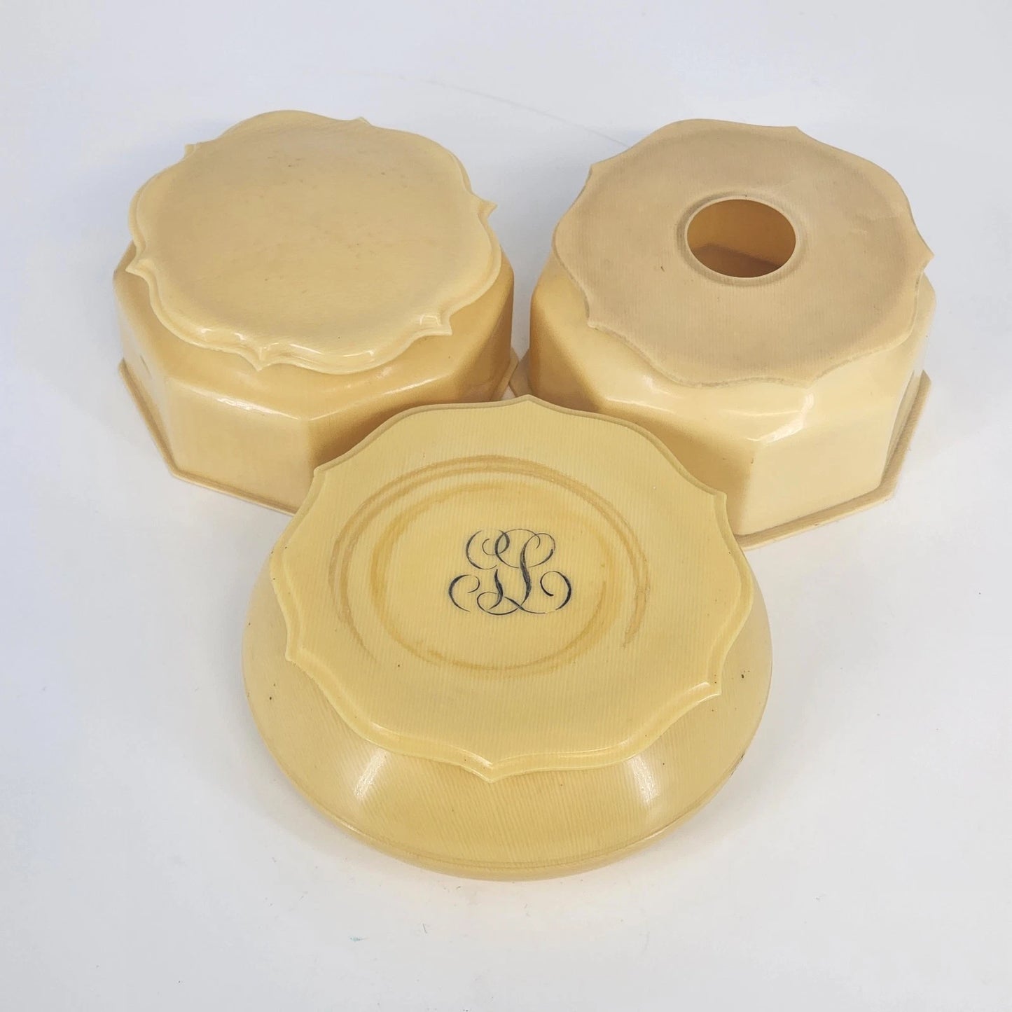 Antique 3pc Celluloid Vanity Set Art Deco French Cream Tan Powder Hair Receiver