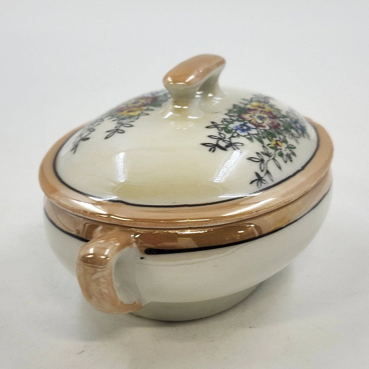 Japan Porcelain Covered Vegetable Bowl Hand Painted Floral Orange Luster 5.25"
