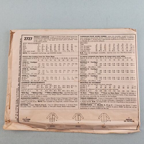 McCall's 2727 Vintage Sewing Pattern '86 Misses Cardigan Jacket Sizes 20 22 24