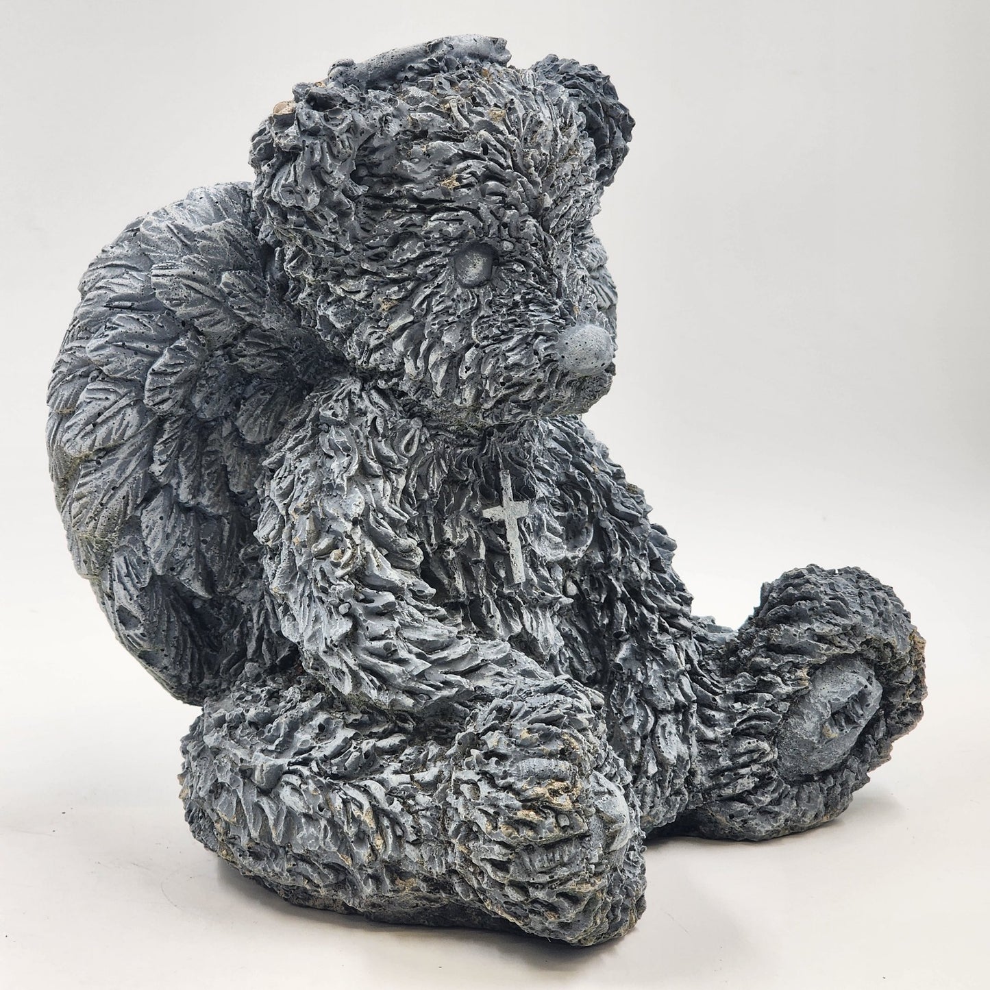 Angel Bear Gray Concrete Stone Statue Seated Halo Wings Cross Garden Decoration
