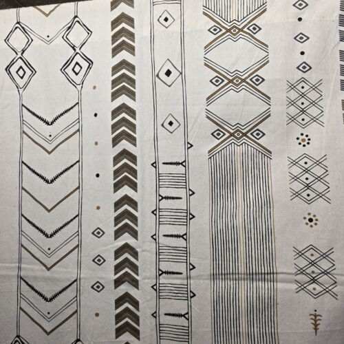 Boho Geometric Window Curtains Black Tan on White Rod Pockets Fringe 60" x 84"