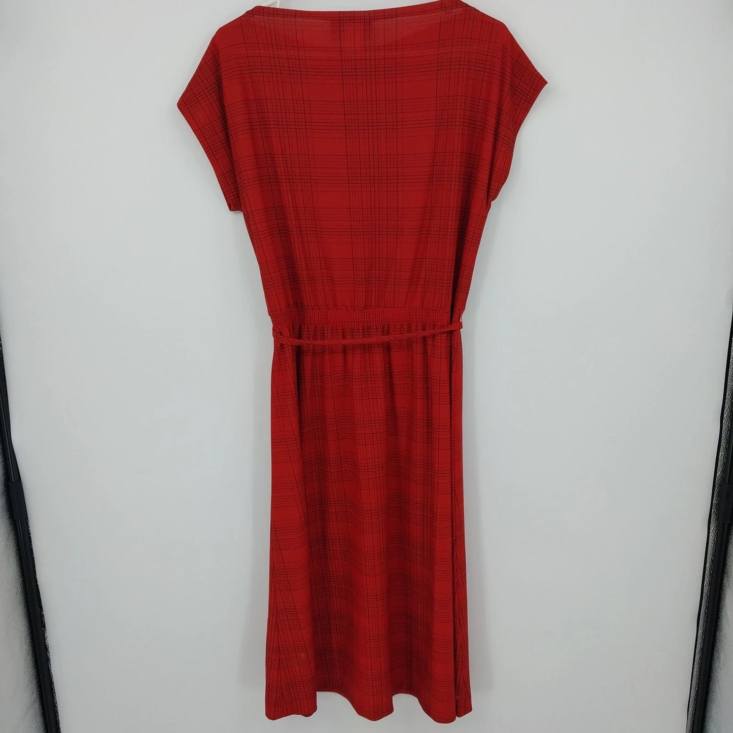 Strait Lane Red Plaid Dress Self-Tie Waist Women's 14 Short Sleeve Polyester 41"