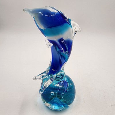 Art Glass Dolphin Figurine Leaping Over Cobalt Blue Ball 7" Paperweight