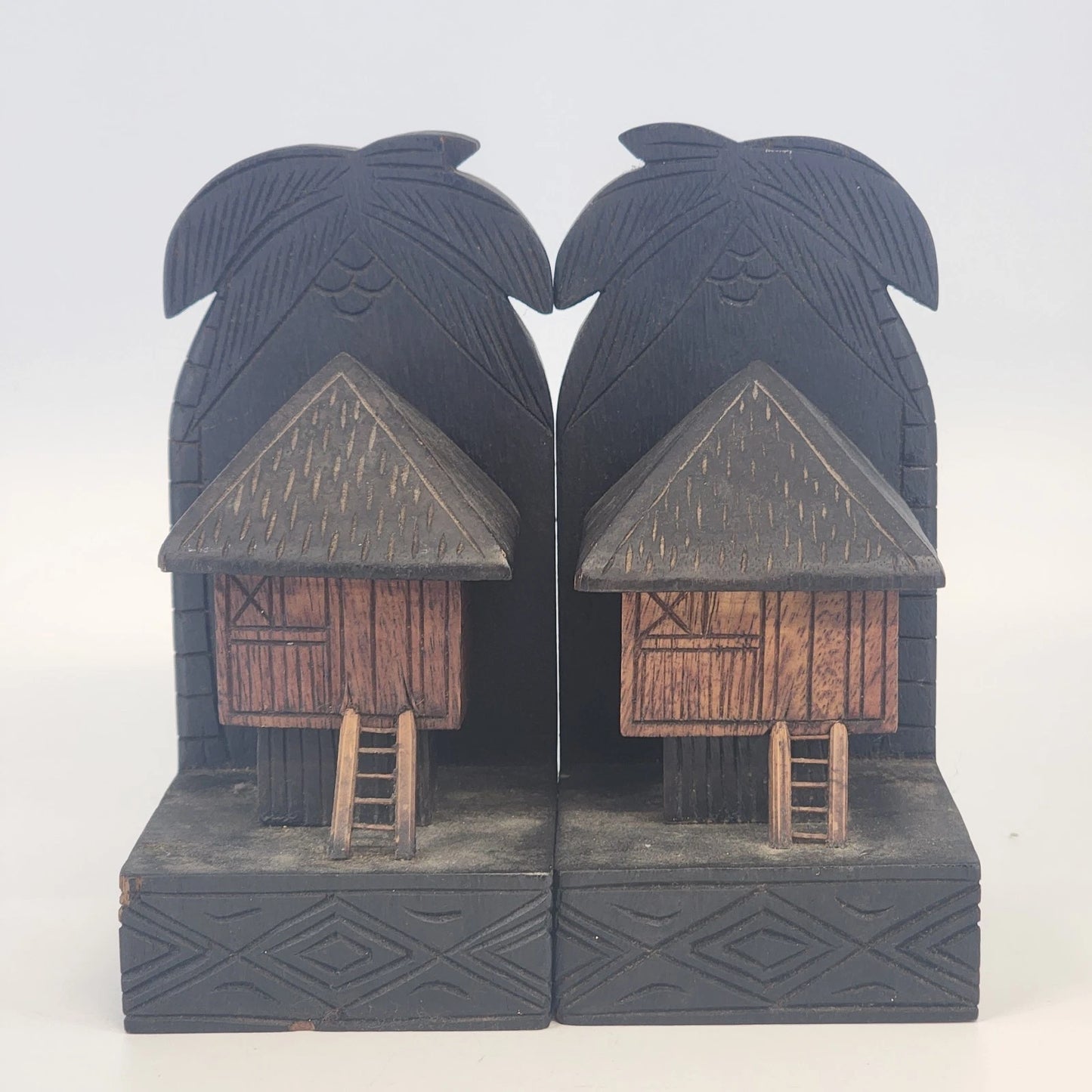 Hand Carved Tiki Hut Bookends Wood Polynesian Filipino Bahay Kubo Decor 8"x5"x4"