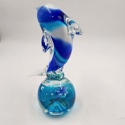 Art Glass Dolphin Figurine Leaping Over Cobalt Blue Ball 7" Paperweight