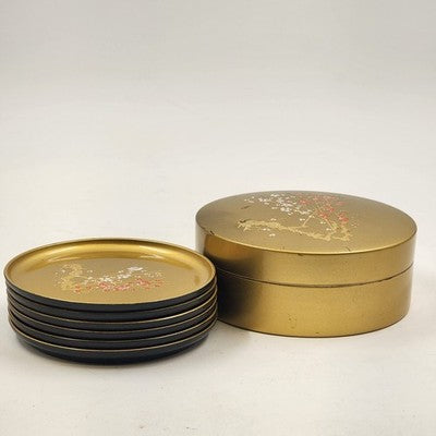 Otagiri Japan 6 Round Cherry Blossom Gold Black Lacquered Coasters 4”