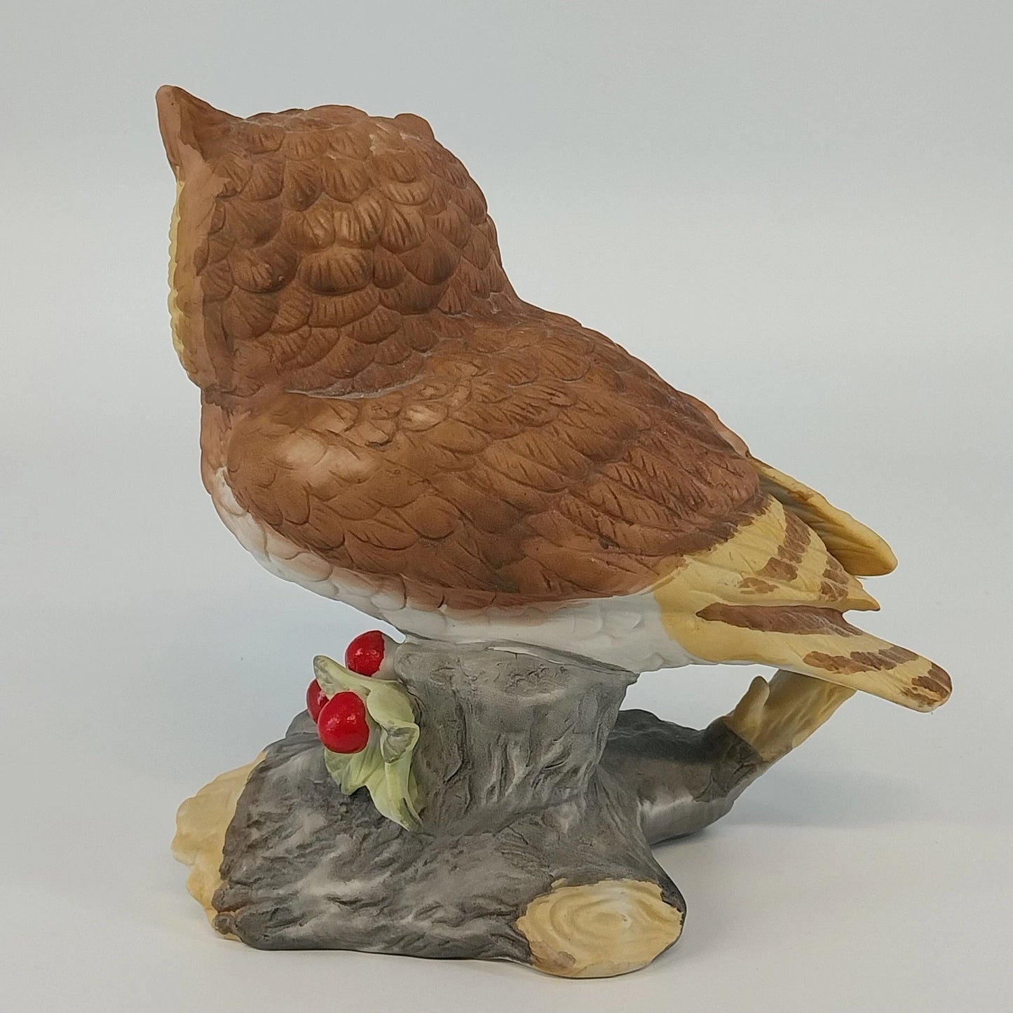 Horned Owl Porcelain Figurine on Log with Holly Red Berries Wildlife Decor 6.5"