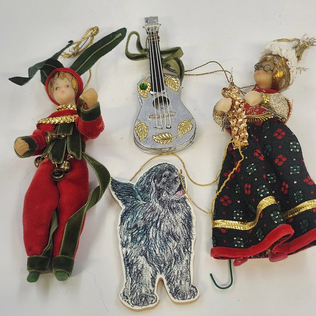 Christmas Ornaments Lot 4 Elf Knitting Lady Guitar Newfoundland Dog Mixed Media