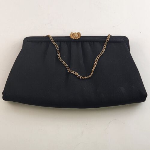 After Five Brand Black Evening Clutch Purse w Gold Rhinestone Clasp Chain Handle