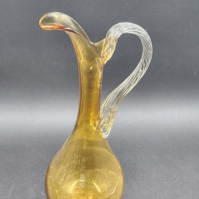 Italian Amber Glass Decanter & 6 Cordials Twisted Stems Clear Handle Vtg Elegant