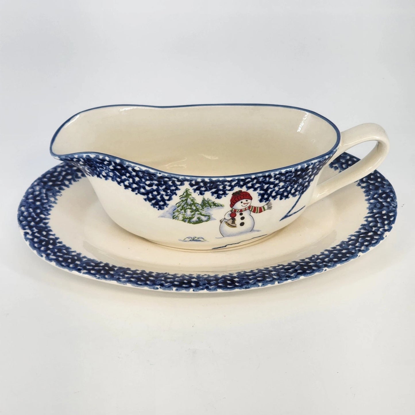 Thomson Pottery Snowman Gravy Boat and Underplate Set Christmas Holiday China