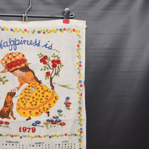 1979 Calendar Kitchen Linen Towel HAPPINESS IS Girl Petting A Dog Vintage