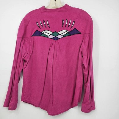 Wrangler Women’s Medium Pink Western Blouse Button Front Applique 90s Cowgirl Rodeo Shirt