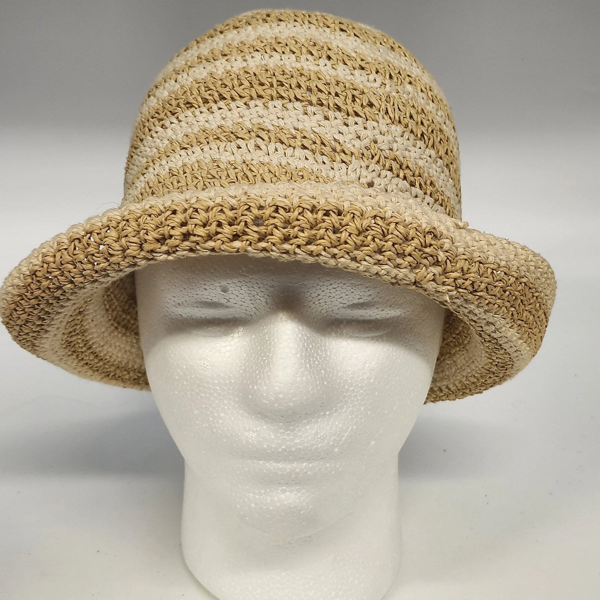 Women's Cloche Sun Hat Rolled Brim Cream Tan Striped Woven Paper Cotton OSFM