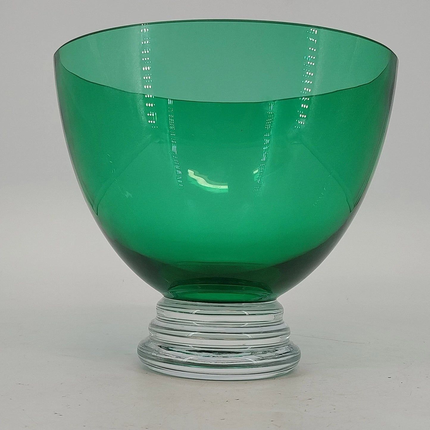 Crate & Barrel Emerald Green Art Glass Bowl Clear Base MCM Centerpiece Poland