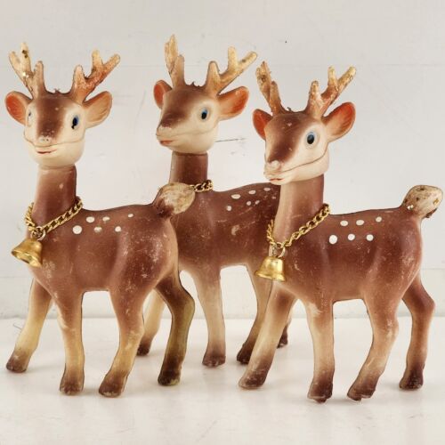 3 Plastic Hollow Reindeer Vintage Figurines Bells Hong Kong 4.5"h Glitter Tails