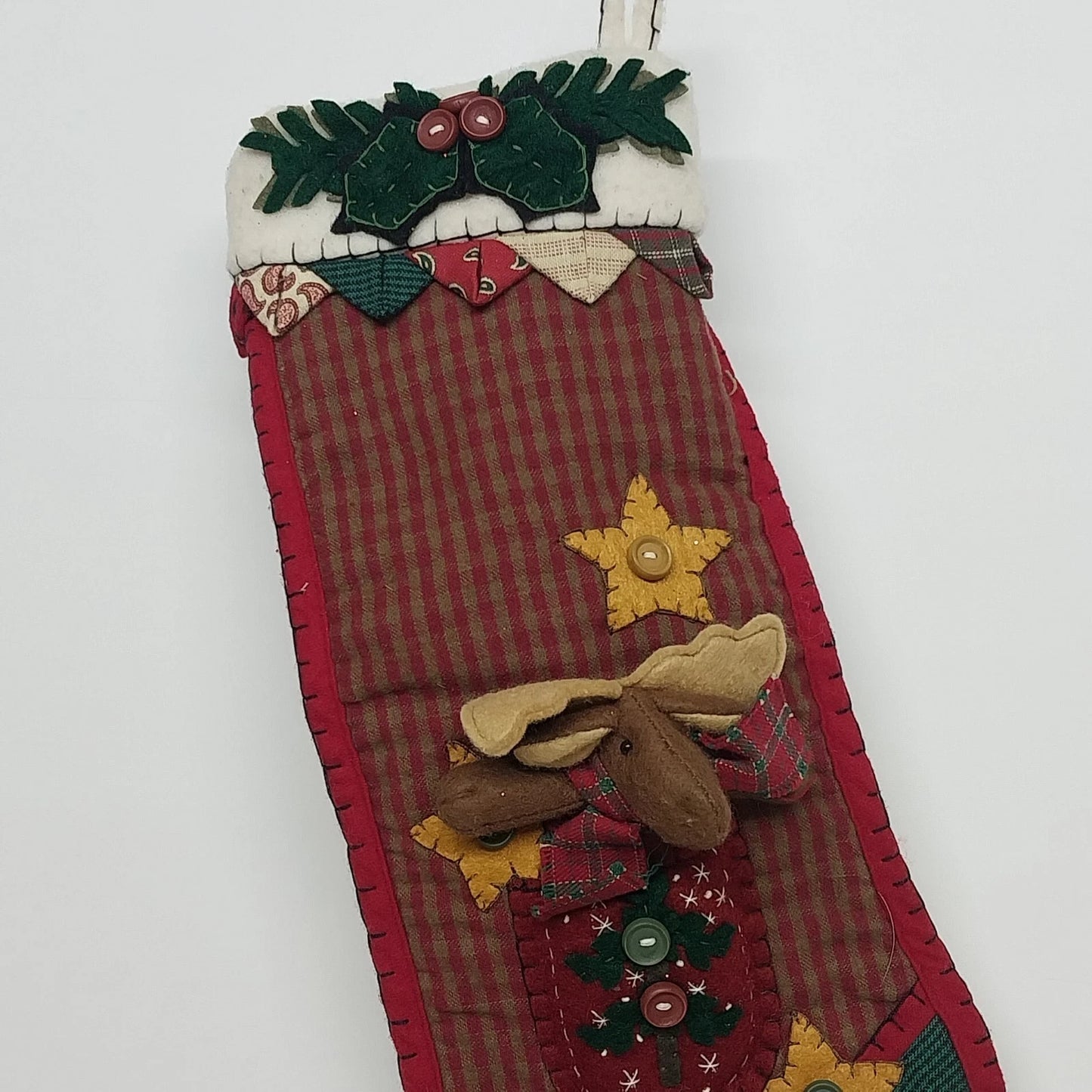 Tender Heart Treasures Moose Plaid Applique Christmas Stocking 18" Vtg 1999
