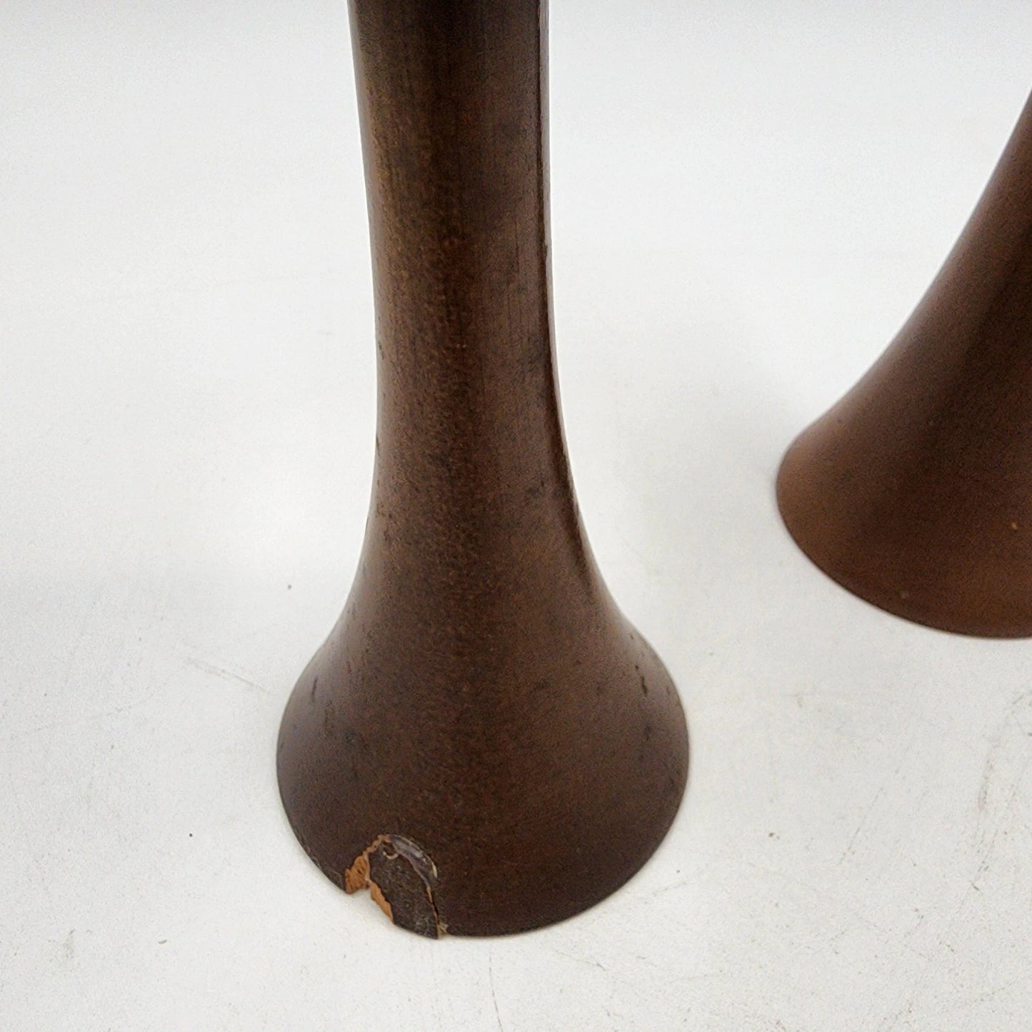2 MCM Candle Holder Sticks Teak Wood Chrome Uppers 8.5" Danish Modern Vtg AS IS