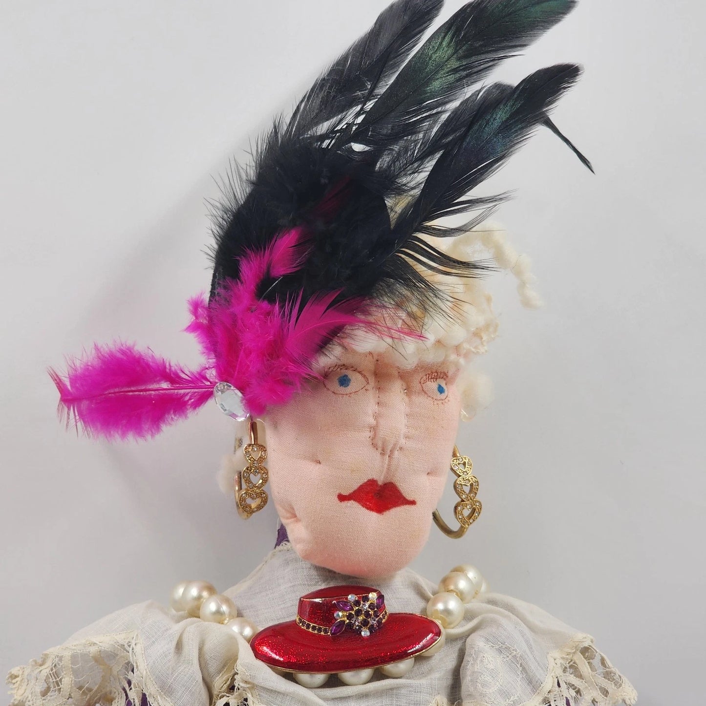 Red Hat Society Cloth Doll 37" OOAK Handmade Purple Dress Vintage Jewelry 2015