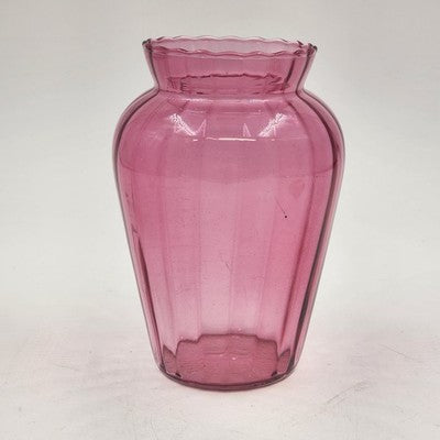 Vintage Pilgrim Cranberry Ribbed Art Glass Vase | 6” Tall | Hand-Blown Scalloped Rim Vase | Made in USA | Mid-Century Decor Accent