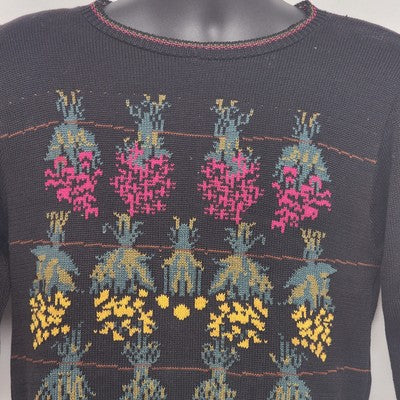 Cullinane Black Silk Blend Sweater L Floral Embroidery Shoulder Pads Vintage