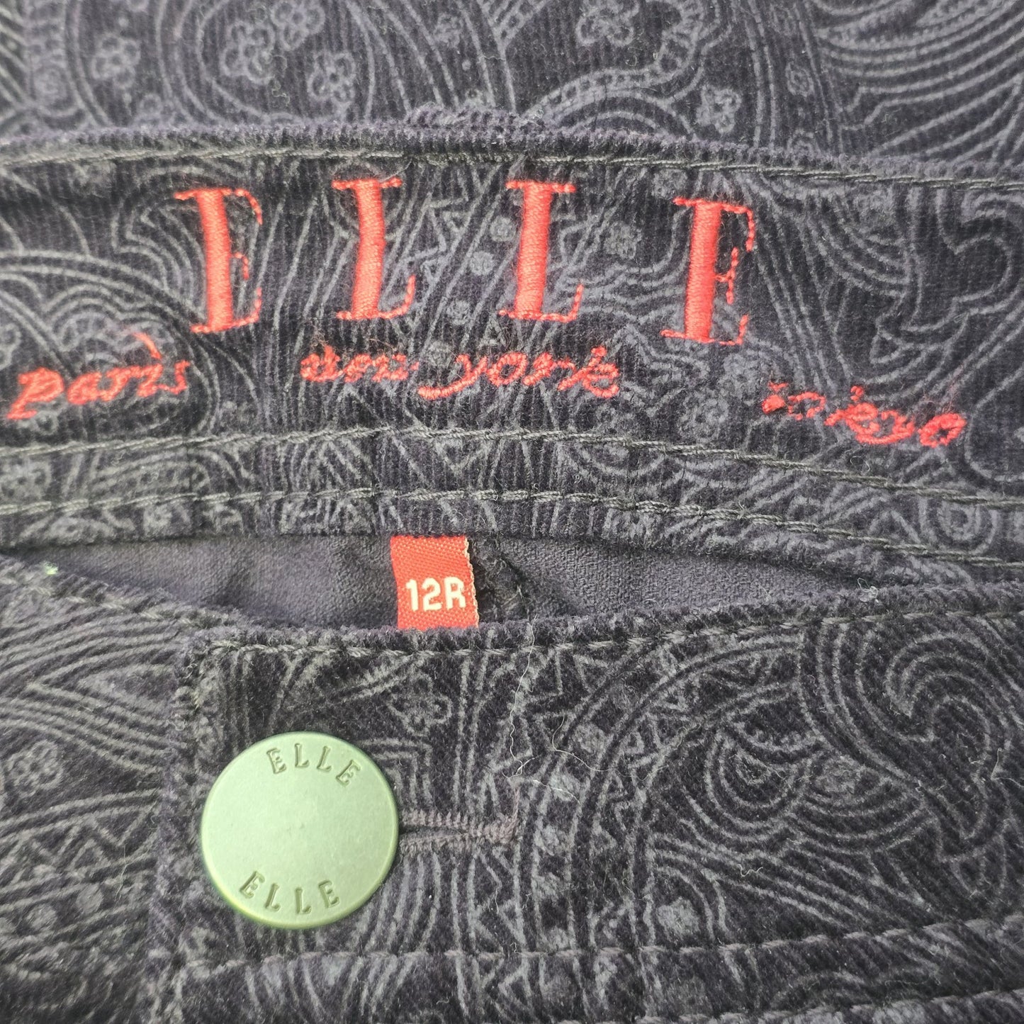 ELLE Dark Plum Purple Velvet Jeans Pants Paisley Boho Motif Low Rise Stretch 12R