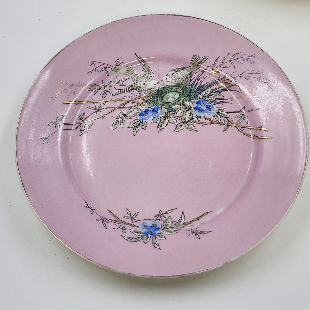 Pink Porcelain Dessert Plates Set 4 Birds Nest Blue Flowers Gold 7.5" Vintage