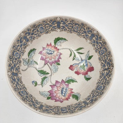Macau Large Open Bowl 10"x4.5" Hand Painted Pink Blue Floral Design Vintage