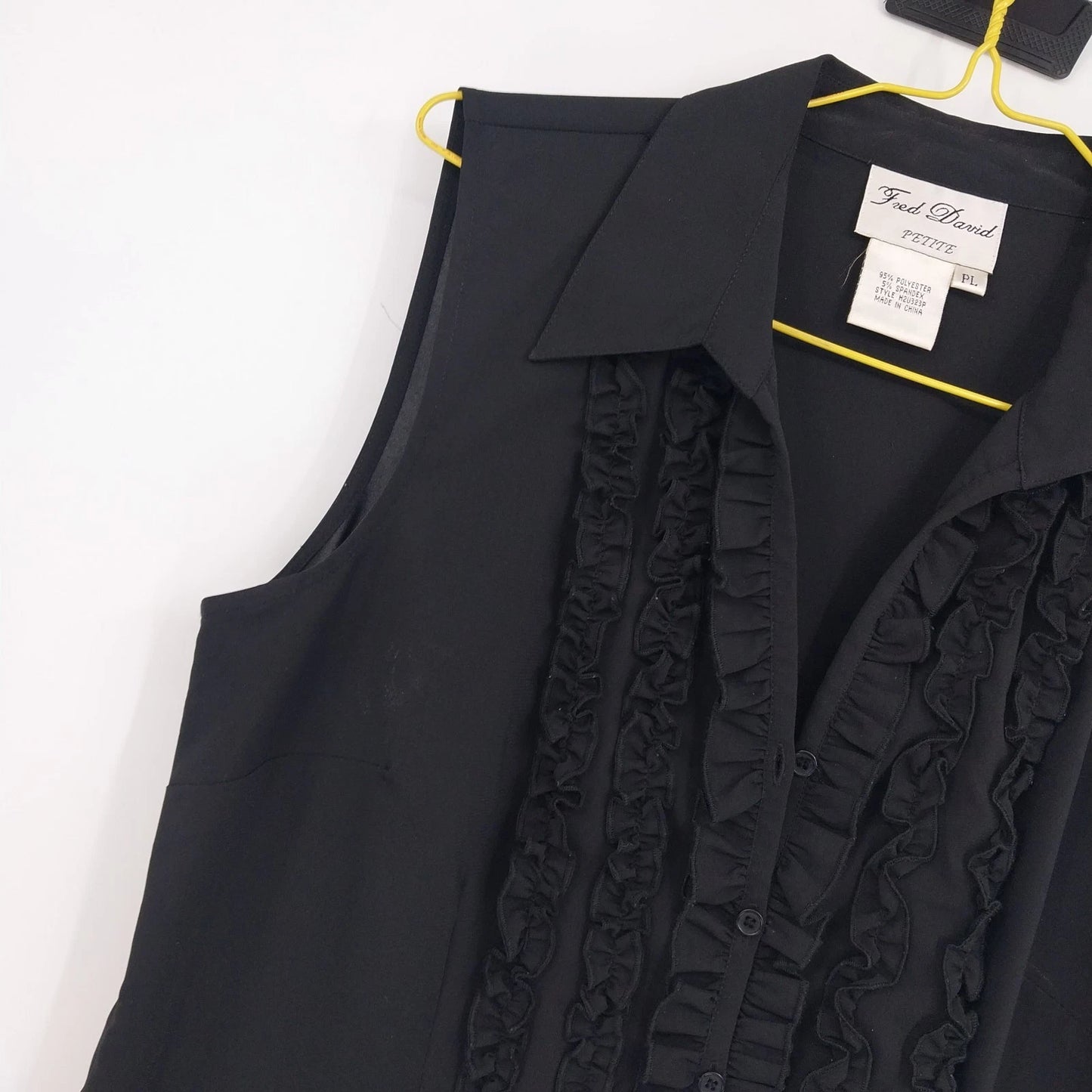 Fred David Black Ruffle Sleeveless Blouse Button Front Womens Petite Large PL