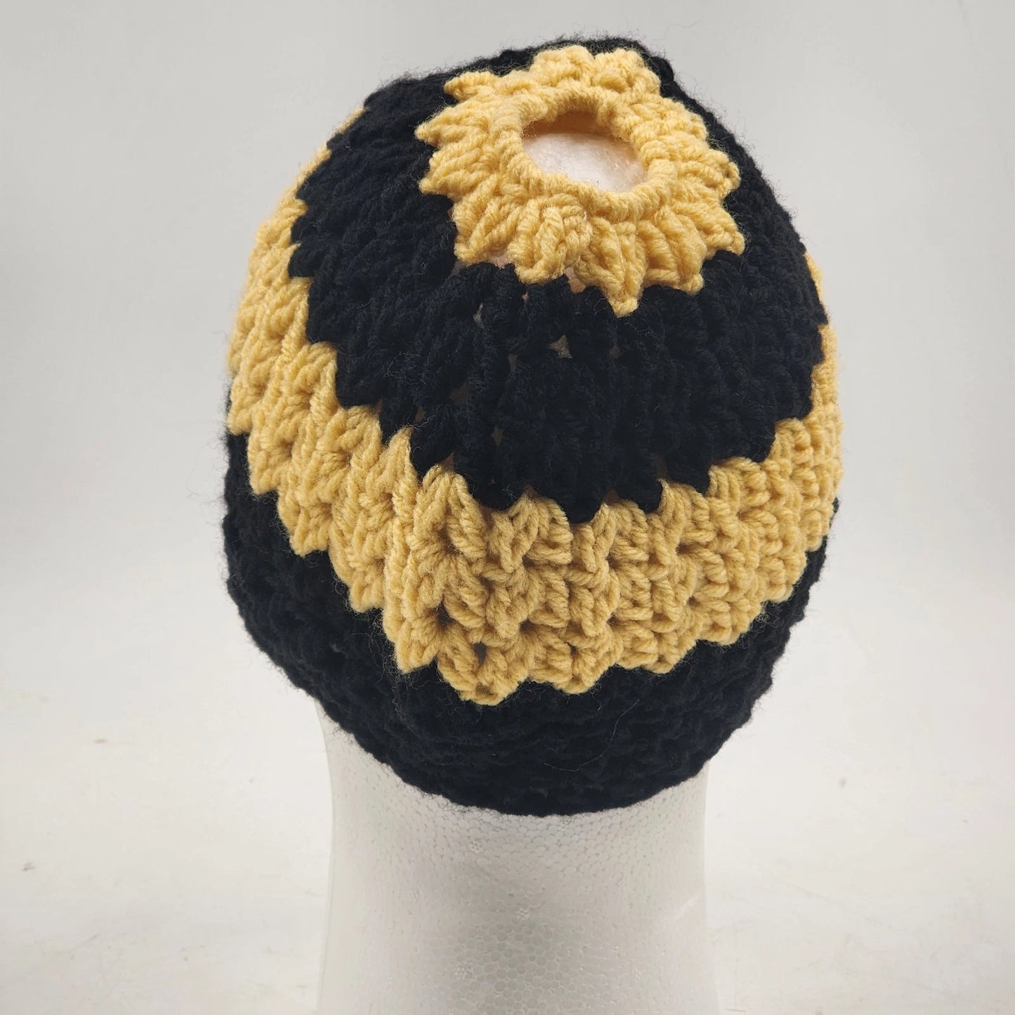Handmade Crochet Messy Bun Beanie Hat Black Yellow Striped Ponytail Cap Medium